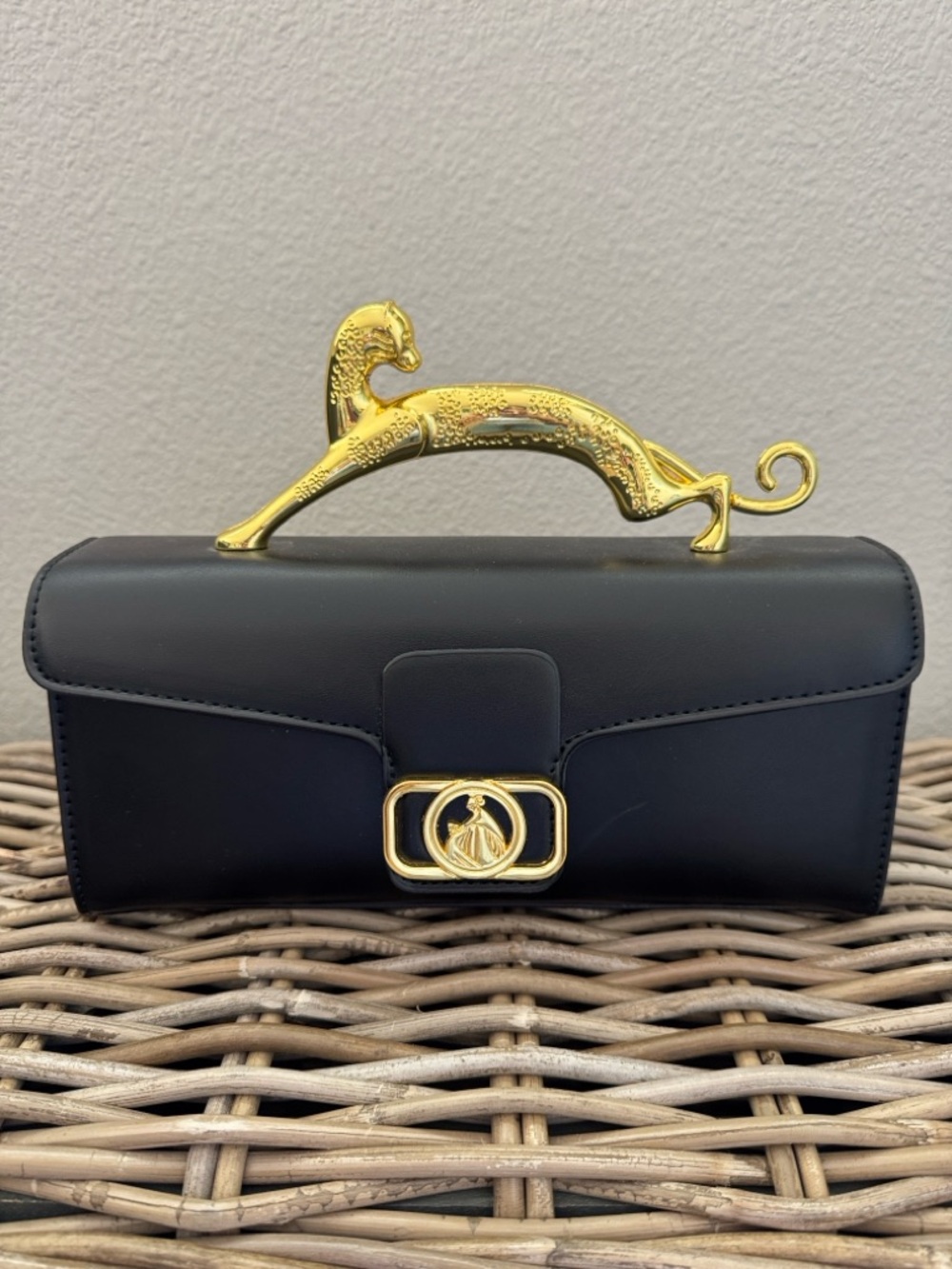 Black Leather Cat Handle Bag Gold Hardware Statement Shoulder Bag